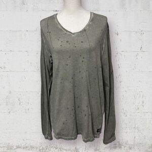 I JEANS BY BUFFALO | Olive Green Splatter Print V-Neck Long Sleeve Shirt Size M
